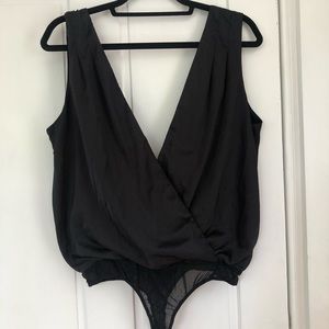 Lulu’s black satin drape bodysuit